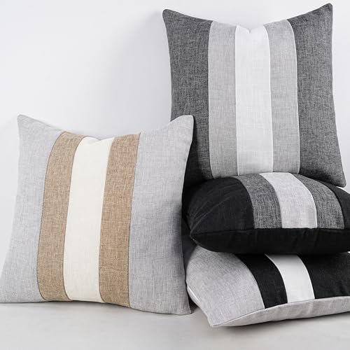 Linen Patchwork Pillow Covers 18x18 Set of 2 Farmhouse Decor