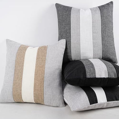 Linen Patchwork Pillow Covers 18x18 Set of 2 Farmhouse Decor