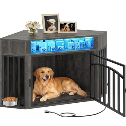 52" Corner Dog Crate Furniture with LED Light & Power Outlets, view 2