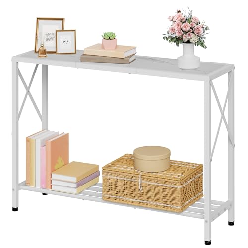 Console Table 41.8”, 2-Tier Entryway Table Narrow Sofa Table with Shelves, Entrance Table with Stable X-Frame, for Entryway, Hallway, Living Room, Foyer, Corridor, Office, White