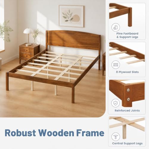 Queen Size Bed Frame, Wooden Platform Bed with Curved Headboard, view 6