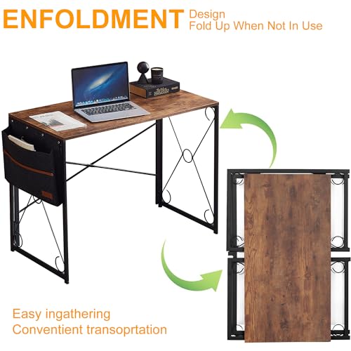 39 Inch Folding Desk Simple Assembly Desk, Writing Computer Desk for Home Office Study Office Desk Foldable Table for Small Spaces, Brown