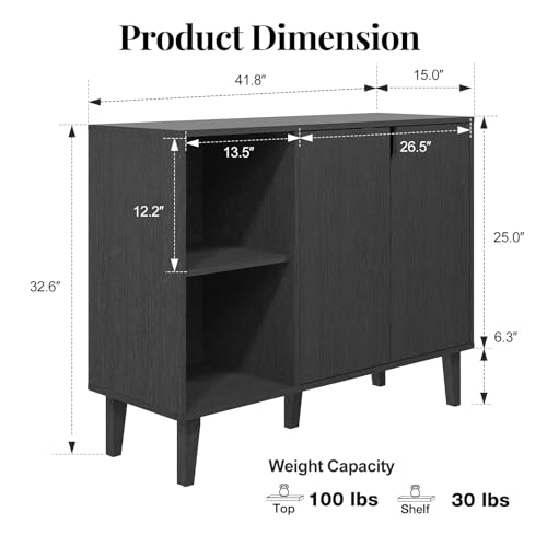 Kitchen Buffet Cabinet Storage Sideboard with 2 Doors 2 Shelves, 41.8" L x 15" W x 32.5" H (Black)