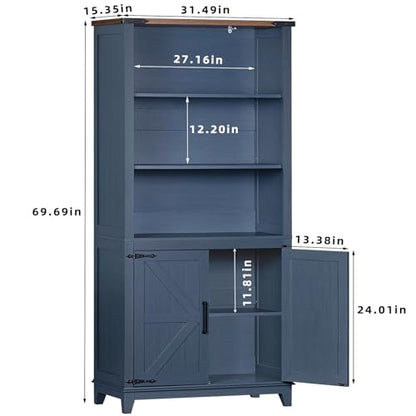 70in Tall Bookshelf 5 Tier Bookcase with Barn Doors and Adjustable Shelves, Blue Farmhouse Book Shelf with Storage Cabinet, Wood Freestanding Display Bookshelves for Bedroom, Living Room