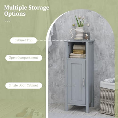 LUARANE Wooden Bathroom Floor Storage Cabinet, Side Storage Organizer Cabinet with 1 Door Open Shelf Adjustable Shelves, Small Free Standing Sideboard for Entryway Living Room Kitchen (Gray)
