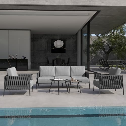5-Piece Patio Furniture Set | Life Chatter 5-Seat Outdoor Furniture | Deep Seating & Two Coffee Tables | Waterproof Extra-Thick Cushions | Porch, Balcony & Backyard | Earth Black & Misty Grey