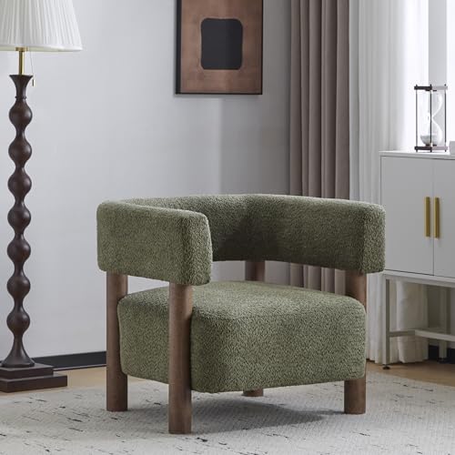 Carly Low Profile Accent Chair, Round Backrest Side Chair, Living Room Armchair with Boucle Fabric Cushion,Comfy Reading Chair for Bedroom,Wooden Single Lounge Sofa,Olive Green