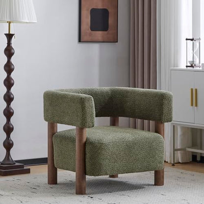 Carly Low Profile Accent Chair, Round Backrest Side Chair, Living Room Armchair with Boucle Fabric Cushion,Comfy Reading Chair for Bedroom,Wooden Single Lounge Sofa,Olive Green