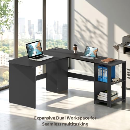 51 x 51 L-Shaped Home Office Wood Corner Desk with Storage, Black, view 7