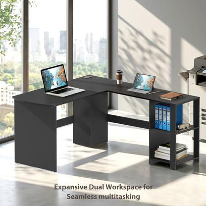 51 x 51 L-Shaped Home Office Wood Corner Desk with Storage, Black, view 7