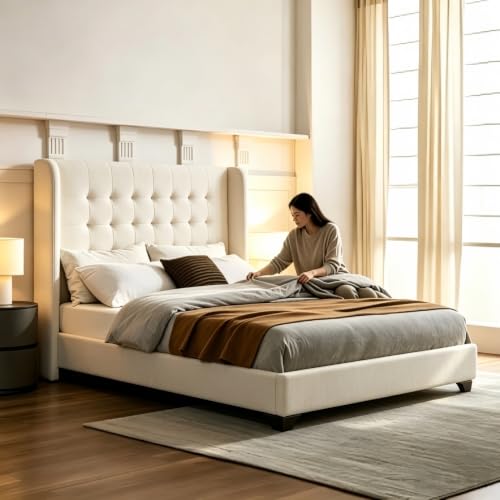 Queen Carmen Wingback Platform Bed 54" High Ivory Canvas Upholstered Headboard, view 2
