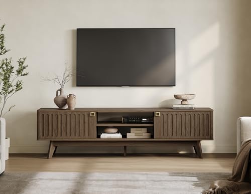 70" Long TV Stand for Living Room, Modern TV Stand Entertainment Center with 2 Storage Cabinets, Mid Century Fluted-Door Media Console Table for 50/60/70/80 Inch TV, Coffee Oak