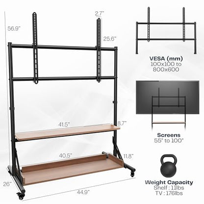 VIVO Heavy Duty TV Cart for 55 to 100 inch Screens up to 176 lbs, LCD LED OLED 4K Smart Flat and Curved Panels, Max 800x600 VESA, Dark Wood Shelves, Black Frame, STAND-TV100D
