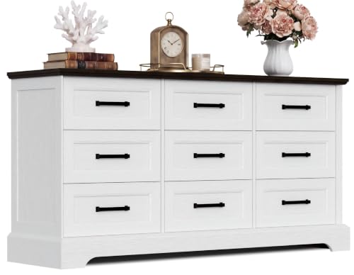 57" Farmhouse Dresser for Bedroom, 9 Drawers Dresser, White & Brown, view 2