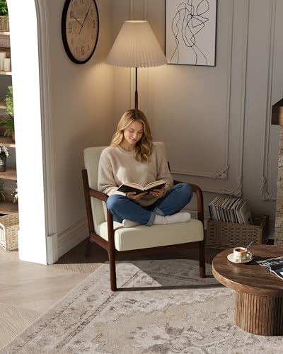 Mid-Century Chenille Accent Chair, Cozy Reading Chair, Modern Lounge Armchair with Lumbar Pillow, Solid Wood Frame, for Living Room, Bedroom, Office, Beige