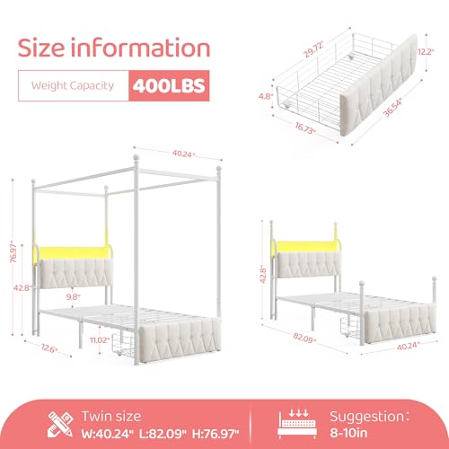 Twin Canopy Bed Frame with Drawers, LED and Charging Station,White, view 3