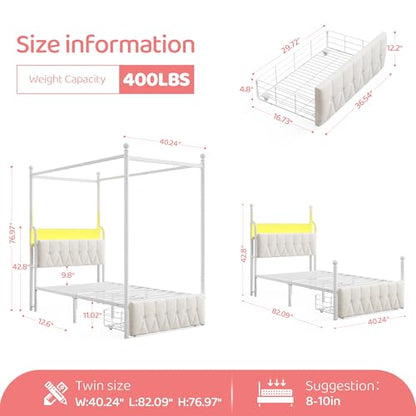Twin Canopy Bed Frame with Drawers, LED and Charging Station,White, view 3