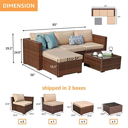 5 Piece Outdoor Patio Furniture Set, Outdoor Sectional Conversation Set, All-Weather Brown PE Wicker w/Beige Cushions, Outdoor Backyard Porch Garden Poolside Balcony Furniture Set
