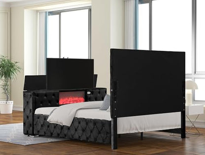 Velvet Platform Bed with Tufted Features, Fireplace & TV Stand, view 7