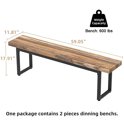 59" Farmhouse Dining Bench Pair 2, Wooden Bench Seat Kitchen Table, Brown, view 4