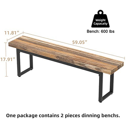 59" Farmhouse Dining Bench Pair 2, Wooden Bench Seat Kitchen Table, Brown, view 4