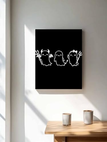 NuYeBiofx Halloween Funny Ghost with Forks Canvas Wall Art Prints,48"x32" Framed Picture Artwork White Devil Sketch on Black Printed Canvas Oil Painting for Living Room Bedroom Office,Ready to Hang