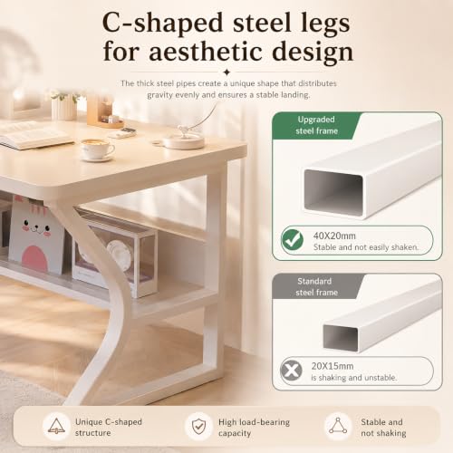 Small Computer Desk 47.2 Inch with Bookshelf White, view 4