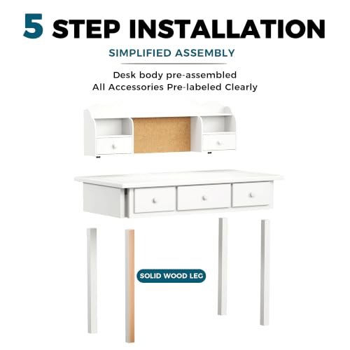 Writing Desk With Hutch, 36" Small White 5 Drawer Girls Desk, Pre-installed, view 4