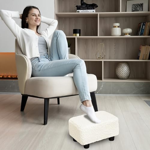 Small Foot Stool Ottoman Footstool with Legs Under Desk Footrest for Living Room Bedroom and Office, Soft Ivory White
