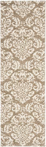 SAFAVIEH Florida Shag Collection Runner Rug - 2'3" x 17', Beige & Cream, Damask Design, Non-Shedding & Easy Care, 1.2-inch Thick Ideal for High Traffic Areas in Living Room, Bedroom (SG460-1311)
