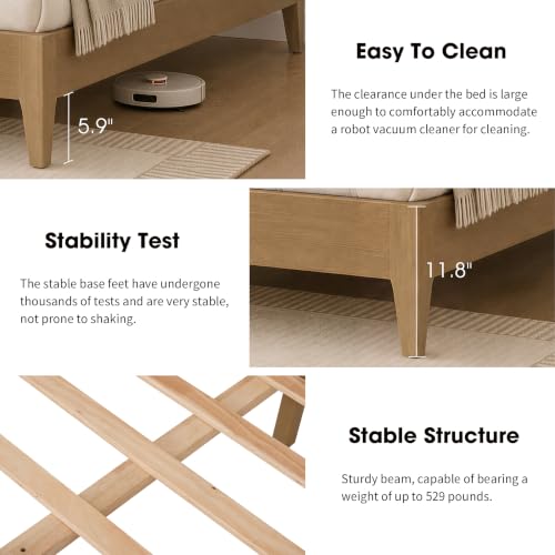 Queen Bed Frame with Wave Headboard, Solid Wood Legs, Oak, view 6