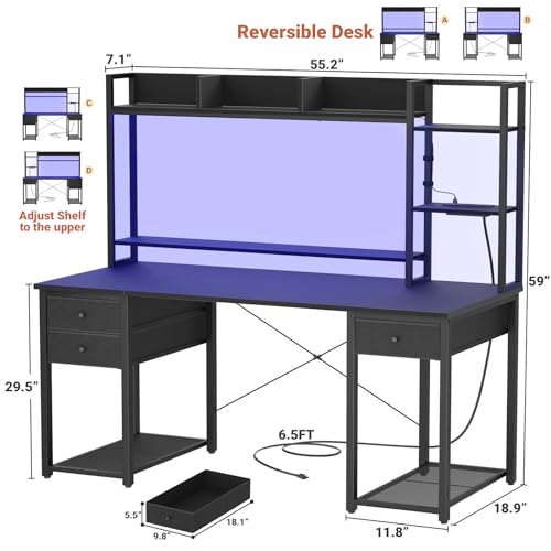 Desk with LED and Outlets, Gaming Desk with Hutch, view 3