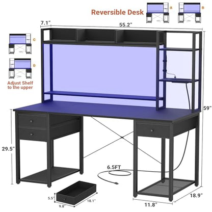 Desk with LED and Outlets, Gaming Desk with Hutch, view 3