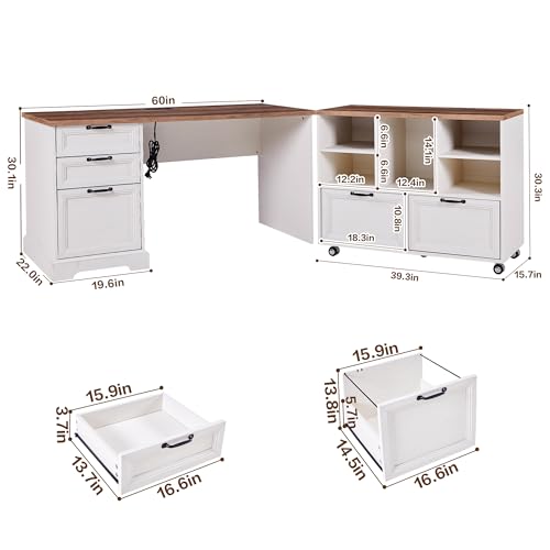 60"L-Shaped Executive Desk with 40"Adjustable File Cabinet,Farmhouse Home Office Desk with Charging Station,Office Desk with Storage Drawers,Wood Computer Desk Set for Office Work,Home Study