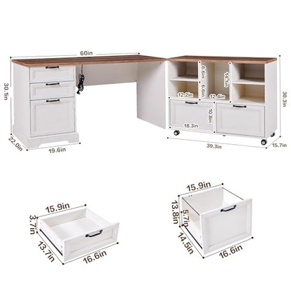 60"L-Shaped Executive Desk with 40"Adjustable File Cabinet,Farmhouse Home Office Desk with Charging Station,Office Desk with Storage Drawers,Wood Computer Desk Set for Office Work,Home Study