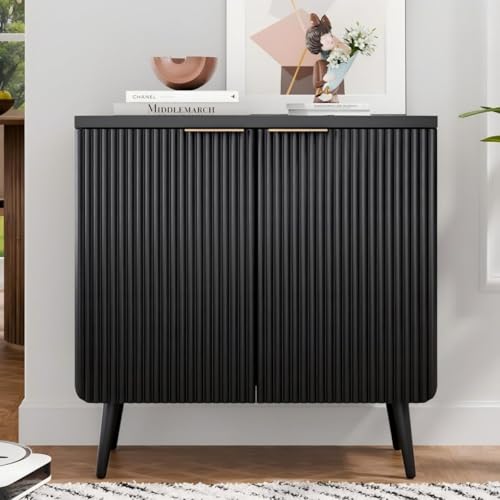 Wood Fluted Sideboard with 2 Doors, Modern Buffet Cabinet with Shelves, Multi-Space Storage Credenza Kitchen for Entryway, Dining & Living Room, Black