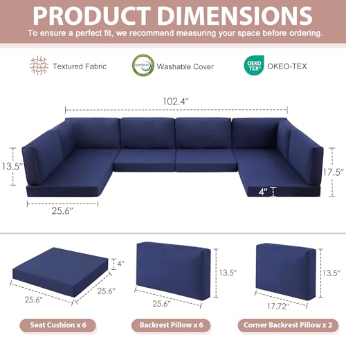 14-Piece Patio Furniture Cushions Set, Replacement Outdoor Cushions for 6-Seat Patio Sectional, Waterproof & Fade Resistant Deep Seat Cushion for Outdoor Sofa, Navy Blue