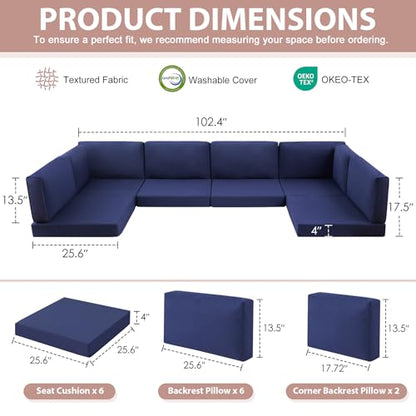 14-Piece Patio Furniture Cushions Set, Replacement Outdoor Cushions for 6-Seat Patio Sectional, Waterproof & Fade Resistant Deep Seat Cushion for Outdoor Sofa, Navy Blue