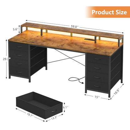 60 Inch Computer Desk with 8 Fabric Drawers, Gaming Desk with LED Lights & Power Outlets, Home Office Desk with Monitor Stand, Rustic Brown