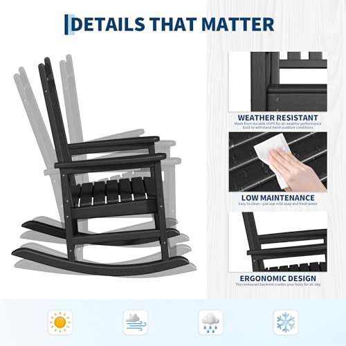 HDPE Rocking Chair Outdoor Set of 2 with Side Table - Poly High Back Porch Rocker Chairs for Adults - All Weather Resistant Furniture for Patio Front Porch - Black