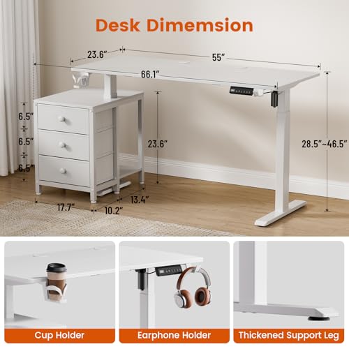 Electric Standing Desk with Drawers, 55 x 24 Inches Height Adjustable Sit Stand Desk with Storage, 3 Memory Preset Home Office Computer Desk, Printer Cabinet, 2 Hooks, Cable Management, White