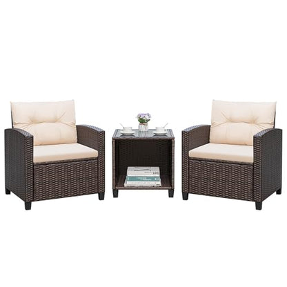 3 Pieces Patio Furniture Sets Outdoor PE Rattan Wicker Chairs with Soft Cushion and Glass Coffee Table for Garden Backyard Porch Poolside, Beige