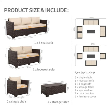 5-Piece Outdoor Furniture Set Patio Furniture Set Outdoor Couch Coffee Table with Storage Non-Slip Cushions and Waterproof Covers, Khaki