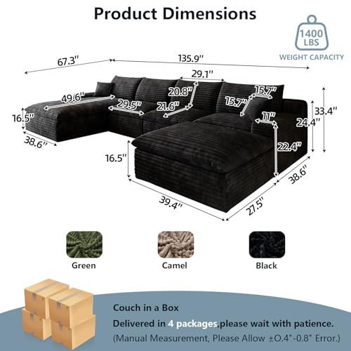 136" Cloud Sectional Couch U-Shaped Chaise with Ottoman, Corduroy Boneless Couch for Living Room Bedroom, Deep-Seat Upholstered Modular Cloud Sofa, No Assembly Required (Black, Left Facing Chaise)