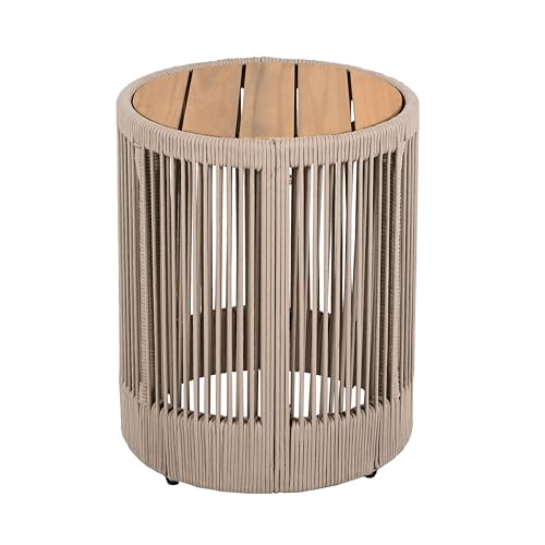 Outdoor Rattan Rope & Acacia Wood Side Table – Patio Balcony Furniture for Garden, Yard, or Indoor Use | 15” Round Top | Modern & Rustic Decor, Nightstand, End Table, or Entryway Accent (Teak+ Beige)