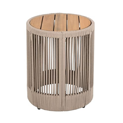 Outdoor Rattan Rope & Acacia Wood Side Table – Patio Balcony Furniture for Garden, Yard, or Indoor Use | 15” Round Top | Modern & Rustic Decor, Nightstand, End Table, or Entryway Accent (Teak+ Beige)