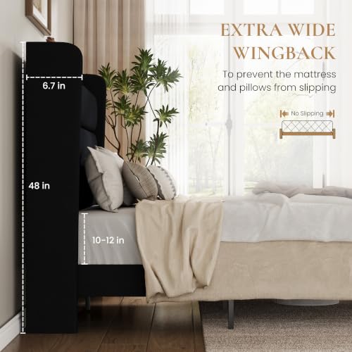 Storage Queen Bed Frame with Charging Station Headboard, Black, view 7
