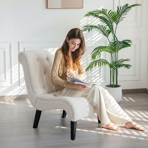 Cream White Frosted Velvet Tufted Accent Chair with Wood Legs | Wide Thick Cushion; Non-Slip Rubber Wood Legs; Ergonomic Back; Easy Assembly; For Living Room Bedroom