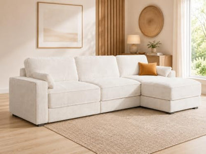 120" Oversized Modular Sectional Sofa, L Shaped Couch Set with 2 Pillows, 4 Seat Comfy Cloud Couches with Movable Ottoman for Living Room, Bedroom and Apartment, Chenille Beige