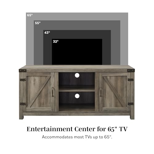Larae Modern Farmhouse Barn Door TV Stand for TVs up to 65 Inches, 58 Inch TV Table for Living Room, Without Fireplace, Grey Wash